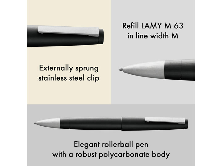 LAMY 2000 rollerball pen feature graphic showing spring-loaded stainless steel clip, LAMY M63 rollerball refill and Makrolon body construction
