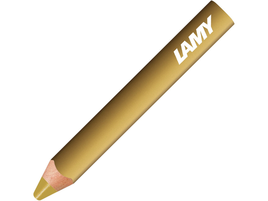 LAMY 3plus colour pencil in Gold, featuring a triangular ergonomic barrel, durable coloured core and 3-in-1 functionality combining a colour pencil, watercolour pencil and wax crayon in a single creative tool
