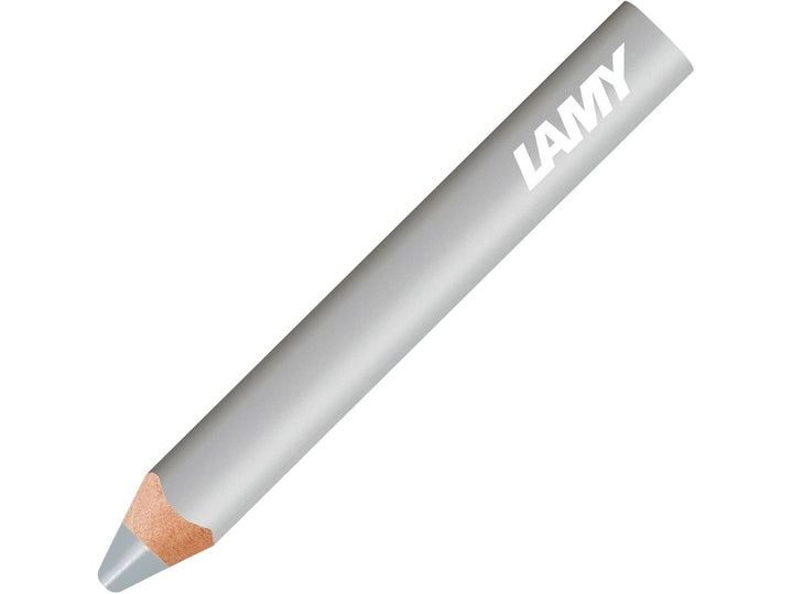 LAMY 3plus colour pencil in Silver, featuring a triangular ergonomic barrel, durable coloured core and 3-in-1 functionality combining a colour pencil, watercolour pencil and wax crayon in a single creative tool