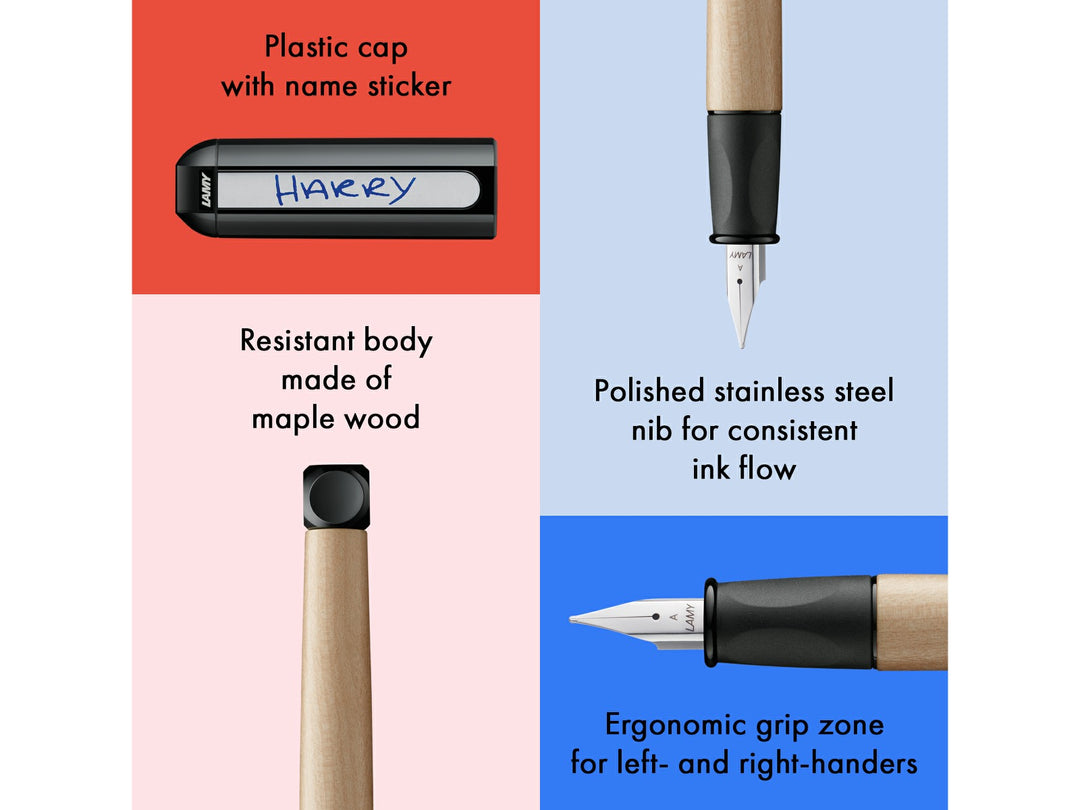 LAMY abc fountain pen feature collage showing maple wood barrel, ergonomic non-slip grip section, beginner-friendly stainless steel A nib and personalised name label cap