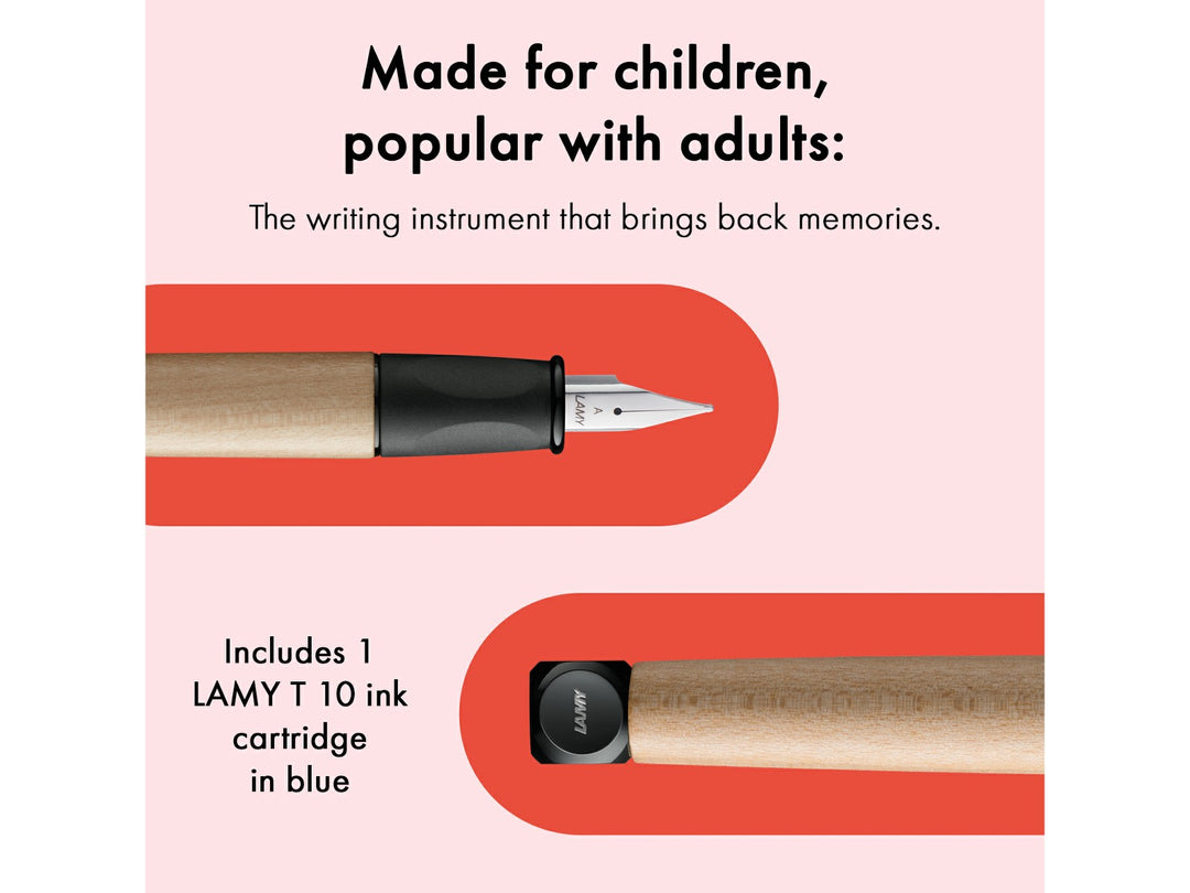 LAMY abc fountain pen promotional image showing maple wood barrel, ergonomic grip section, beginner-friendly stainless steel A nib and included blue ink cartridge
