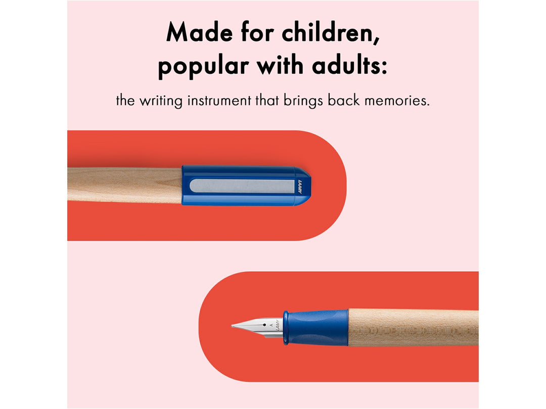 LAMY abc fountain pen promotional image showing maple wood barrel, ergonomic grip section, beginner-friendly stainless steel A nib and included blue ink cartridge