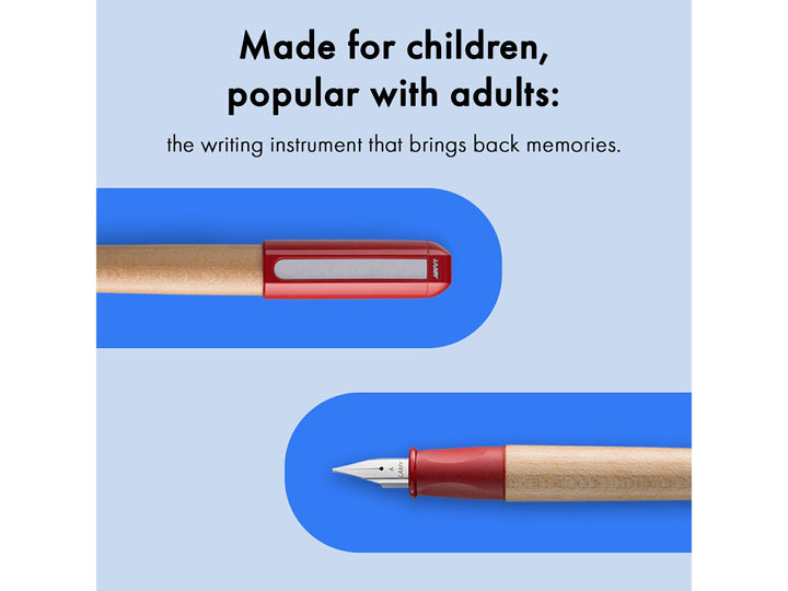 LAMY abc fountain pen promotional image showing maple wood barrel, ergonomic grip section, beginner-friendly stainless steel A nib and included blue ink cartridge