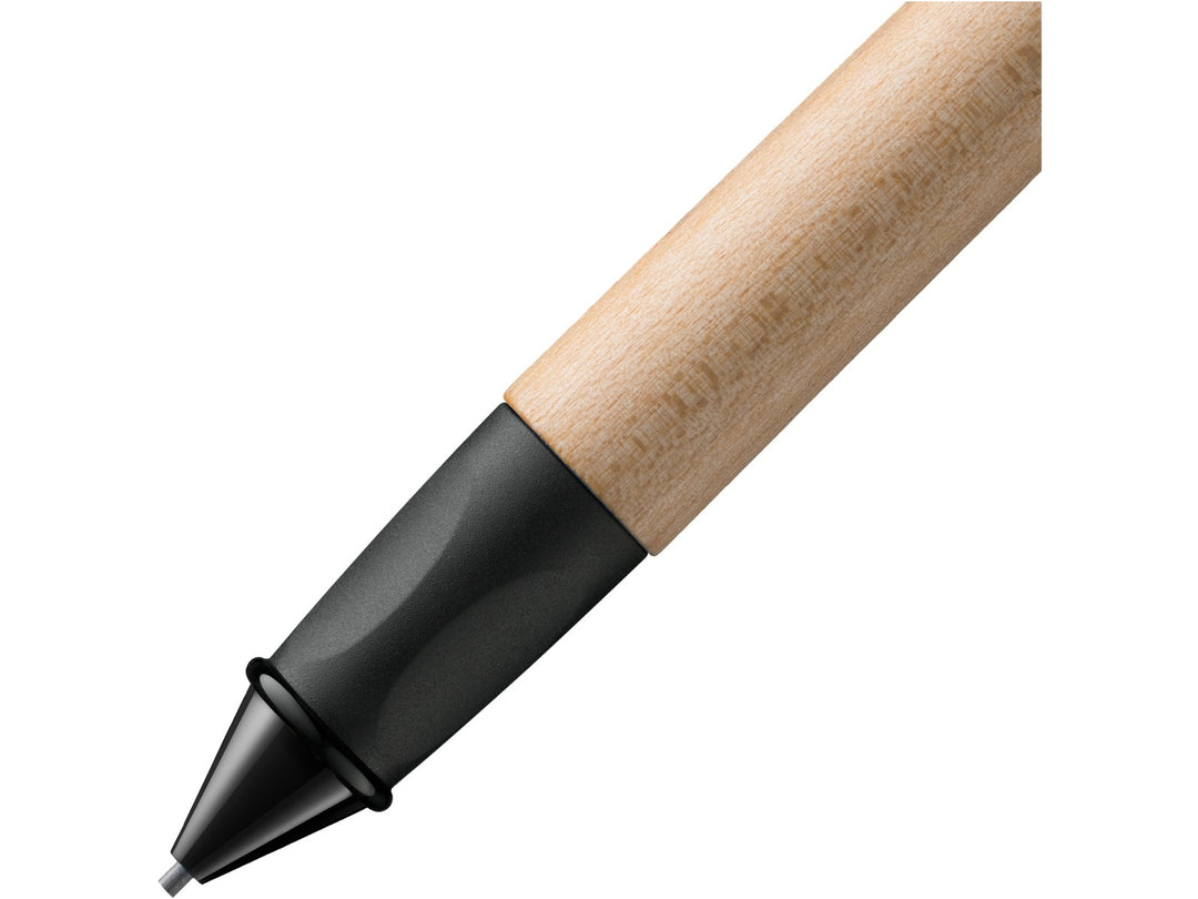 LAMY abc Twist mechanical pencil grip detail with ergonomic black grip and natural maple wood barrel