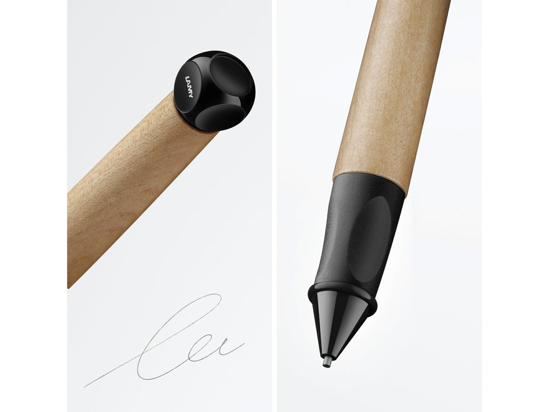 LAMY abc Twist mechanical pencil feature graphic showing ergonomic triangular grip, rounded push button and natural maple wood barrel