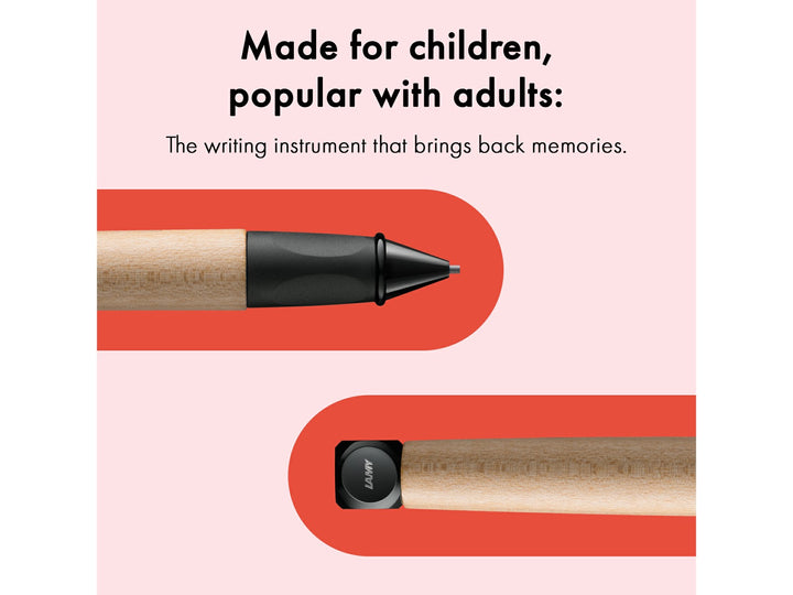LAMY abc Twist mechanical pencil feature graphic showing ergonomic design for young writers, durable 1.4mm B lead and natural maple wood construction
