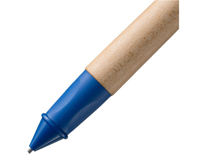 LAMY abc Twist mechanical pencil grip detail with ergonomic blue grip and natural maple wood barrel