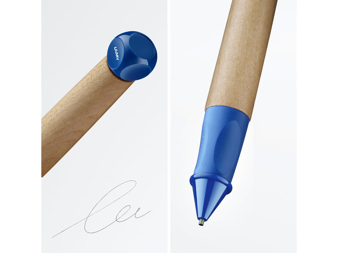 LAMY abc Twist mechanical pencil feature graphic showing ergonomic triangular grip, rounded push button and natural maple wood barrel