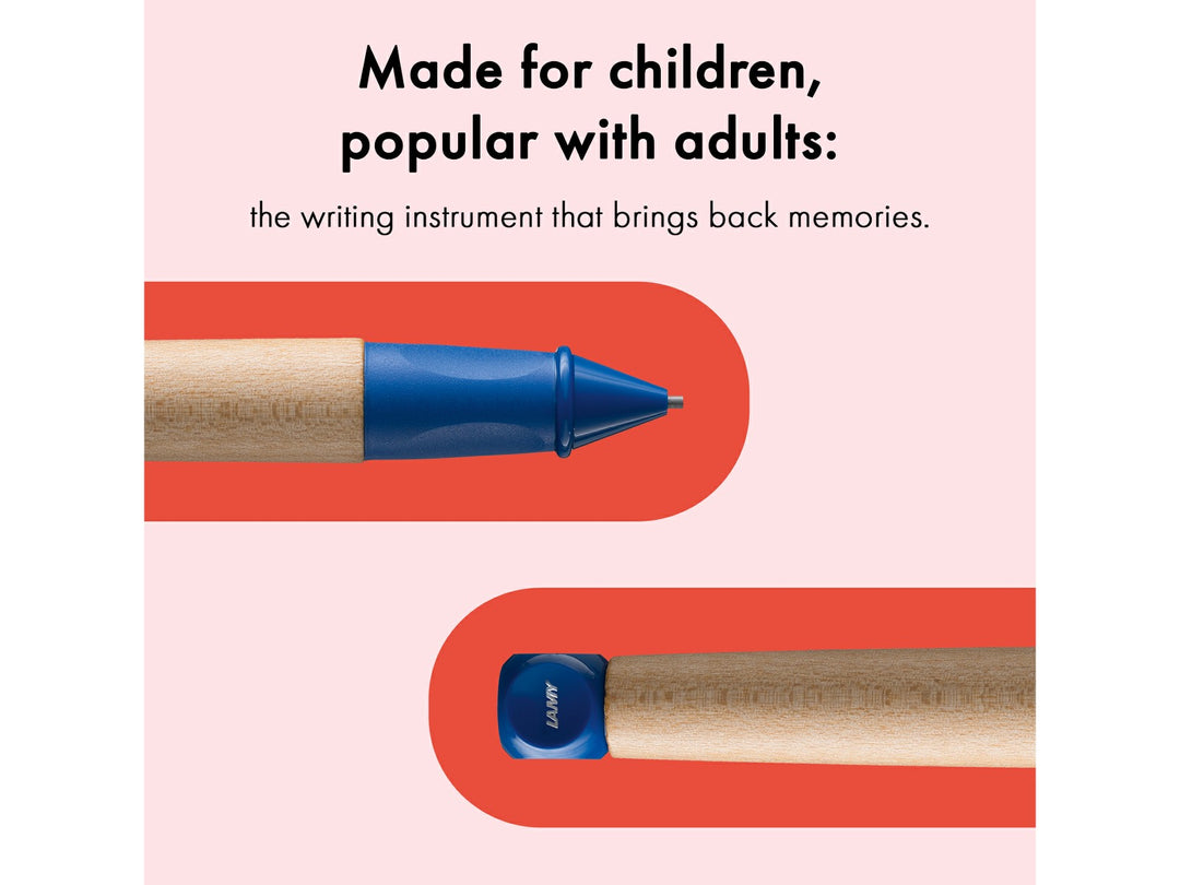 LAMY abc Twist mechanical pencil feature graphic showing ergonomic design for young writers, durable 1.4mm B lead and natural maple wood construction
