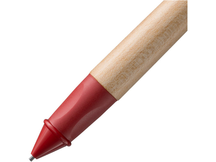 LAMY abc Twist mechanical pencil grip detail with ergonomic red grip and natural maple wood barrel