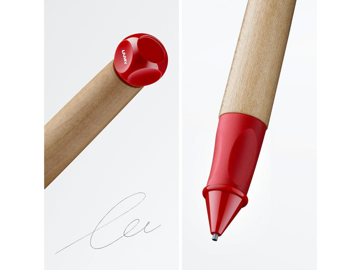 LAMY abc Twist mechanical pencil feature graphic showing ergonomic triangular grip, rounded push button and natural maple wood barrel