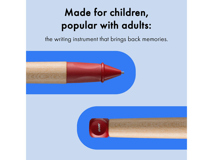 LAMY abc Twist mechanical pencil feature graphic showing ergonomic design for young writers, durable 1.4mm B lead and natural maple wood construction