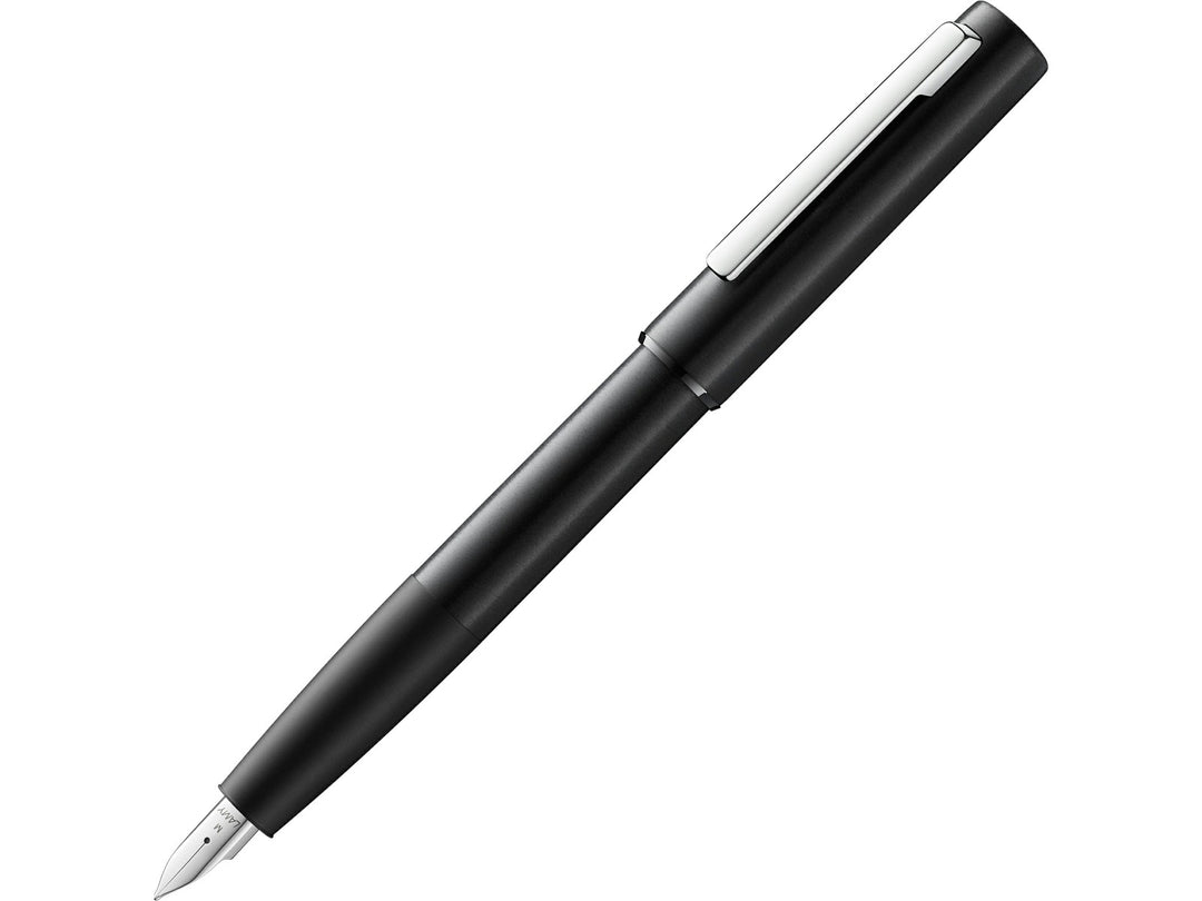 LAMY aion black fountain pen featuring a brushed aluminium barrel and polished steel nib