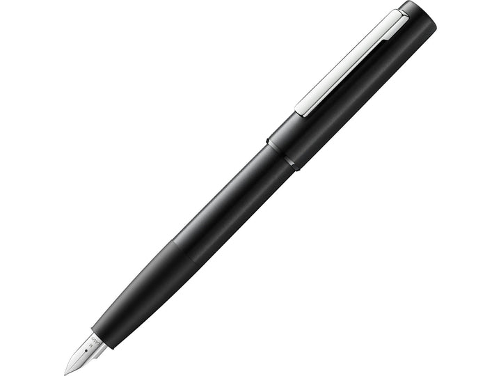 LAMY aion black fountain pen featuring a brushed aluminium barrel and polished steel nib