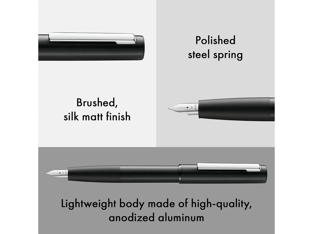 LAMY aion black fountain pen feature image showcasing anodised aluminium body, brushed matte surface, spring clip and steel nib
