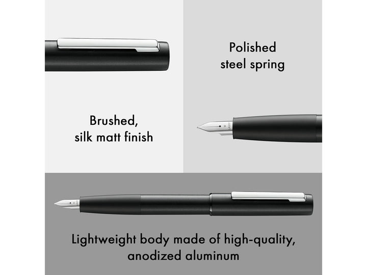 LAMY aion black fountain pen feature image showcasing anodised aluminium body, brushed matte surface, spring clip and steel nib