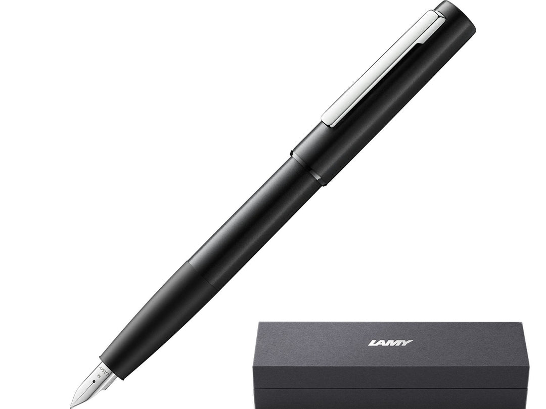 LAMY aion black fountain pen featuring a brushed aluminium barrel, polished steel nib and presentation gift box