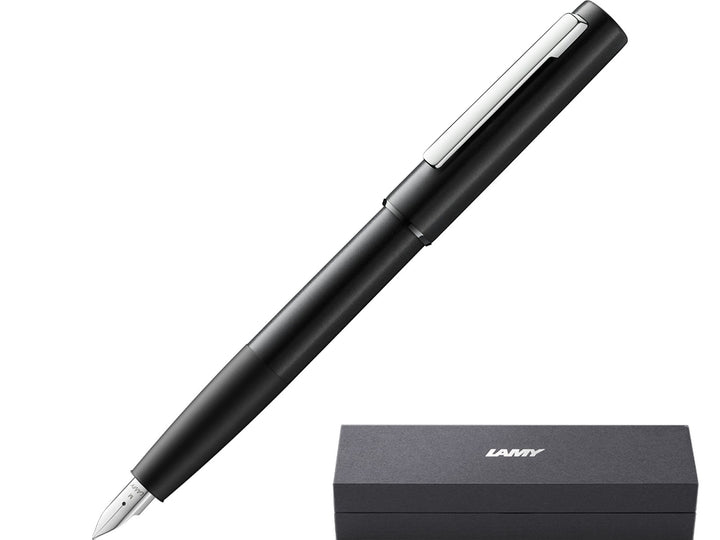 LAMY aion black fountain pen featuring a brushed aluminium barrel, polished steel nib and presentation gift box