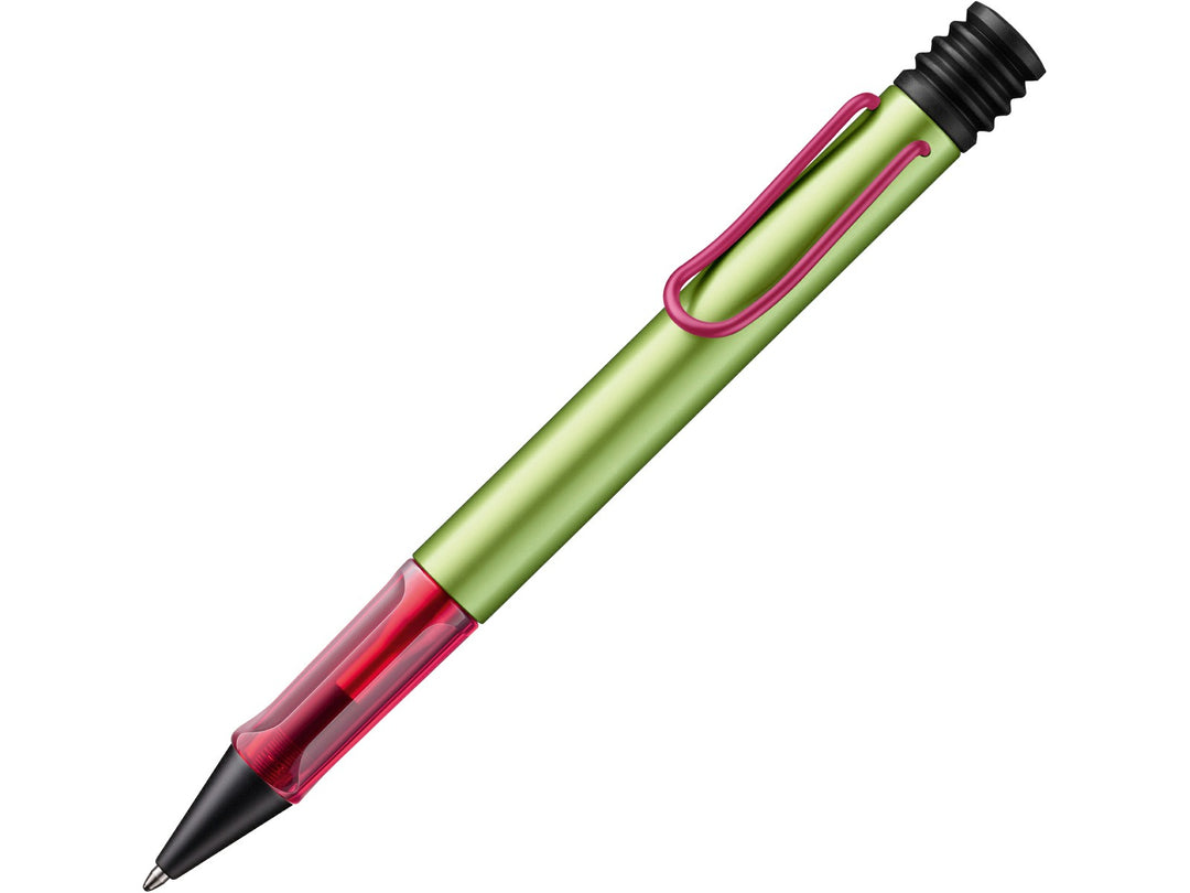 LAMY AL-star ballpoint pen in Disco Special Edition featuring a lime green anodised aluminium body, translucent pink ergonomic grip section and matching pink self-sprung metal clip