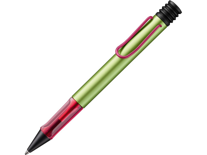 LAMY AL-star ballpoint pen in Disco Special Edition featuring a lime green anodised aluminium body, translucent pink ergonomic grip section and matching pink self-sprung metal clip