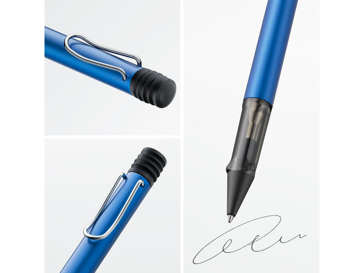 Close-up details of the LAMY AL-star ballpoint pen in Ocean Blue, highlighting the self-sprung metal clip, translucent smoke-grey ergonomic grip section, anodised aluminium body and retractable ballpoint writing tip