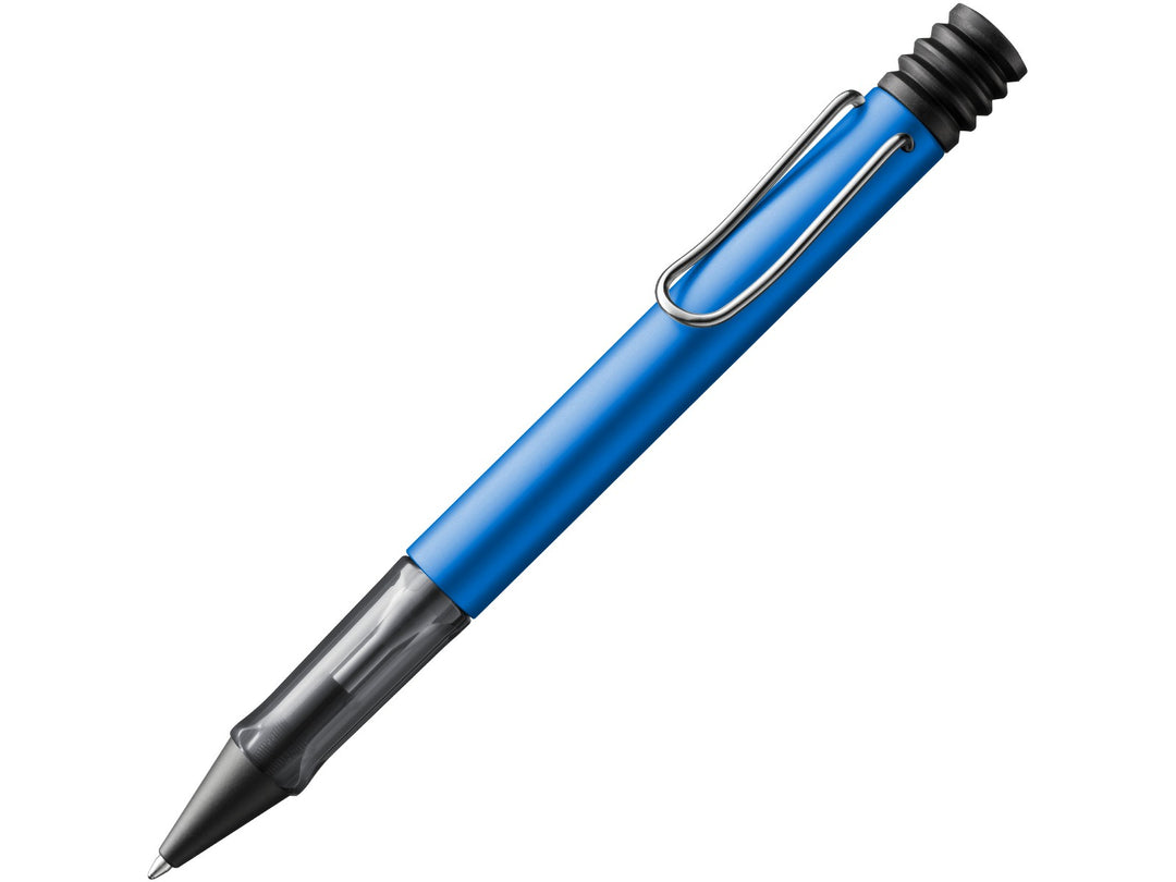 LAMY AL-star ballpoint pen in Ocean Blue featuring a ocean blue anodised aluminium body, translucent smoke-grey ergonomic grip section and self-sprung metal clip