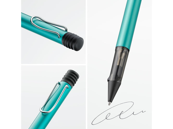 Close-up details of the LAMY AL-star ballpoint pen in Turmaline, highlighting the self-sprung metal clip, translucent smoke-grey ergonomic grip section, anodised aluminium body and retractable ballpoint writing tip