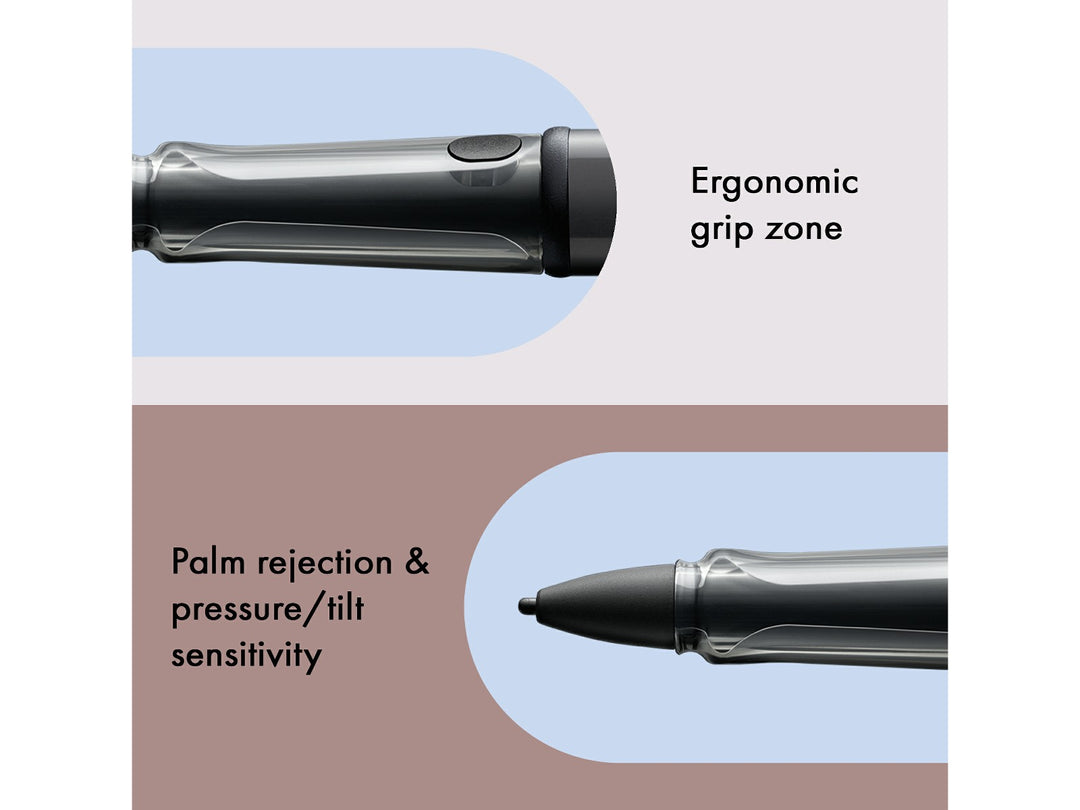 LAMY AL-star EMR Black PC/EL Pointier feature graphic showing ergonomic grip zone, palm rejection and pressure and tilt sensitivity