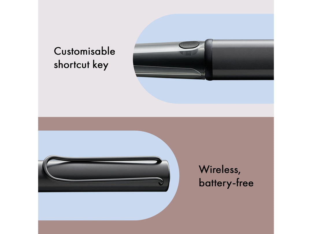LAMY AL-star EMR Black PC/EL Pointier feature graphic showing customisable shortcut button and wireless battery-free operation