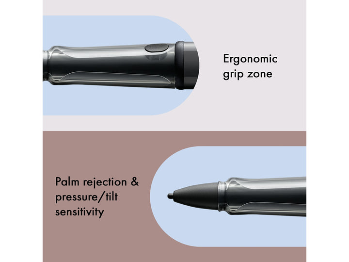 LAMY AL-star EMR Black POM Round feature graphic showing ergonomic grip zone, palm rejection and pressure and tilt sensitivity