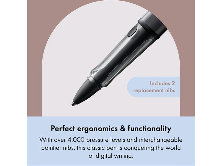 LAMY AL-star EMR Black POM Round feature graphic showing interchangeable stylus nibs, over 4,000 pressure levels and ergonomic design