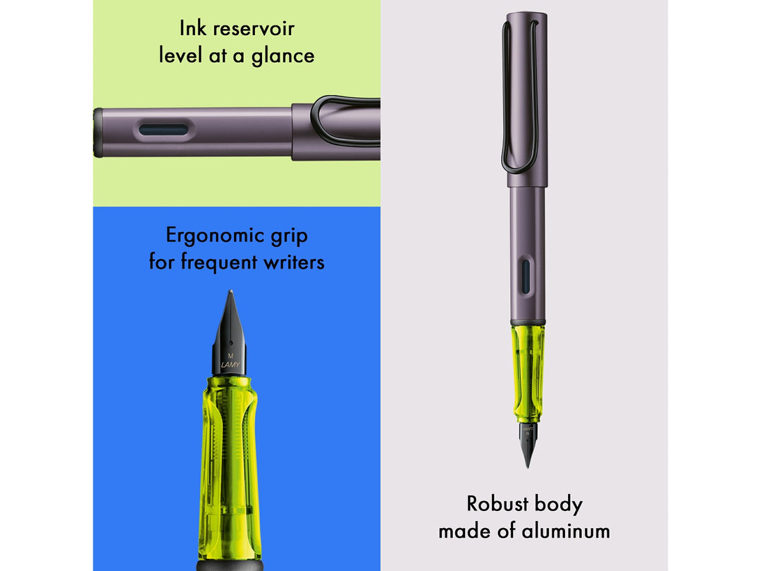 LAMY AL-star aubergine fountain pen feature infographic showing ergonomic grip, ink reservoir window and durable anodised aluminium body