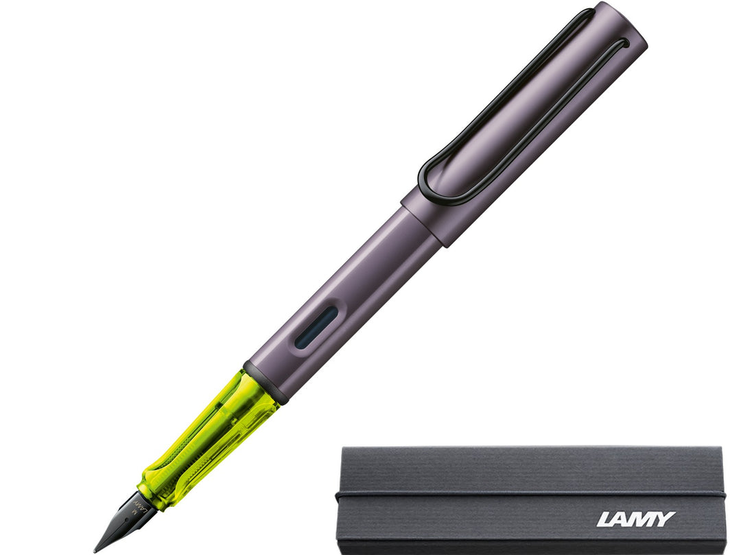 LAMY AL-star aubergine fountain pen with aluminium body, transparent grip section and branded LAMY presentation gift box