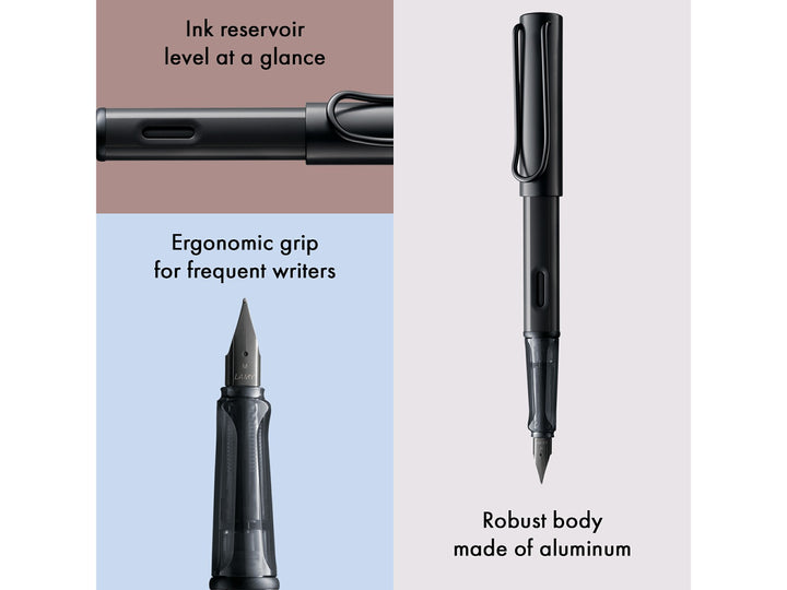 LAMY AL-star black fountain pen feature infographic showing ergonomic grip, ink reservoir window and durable anodised aluminium body