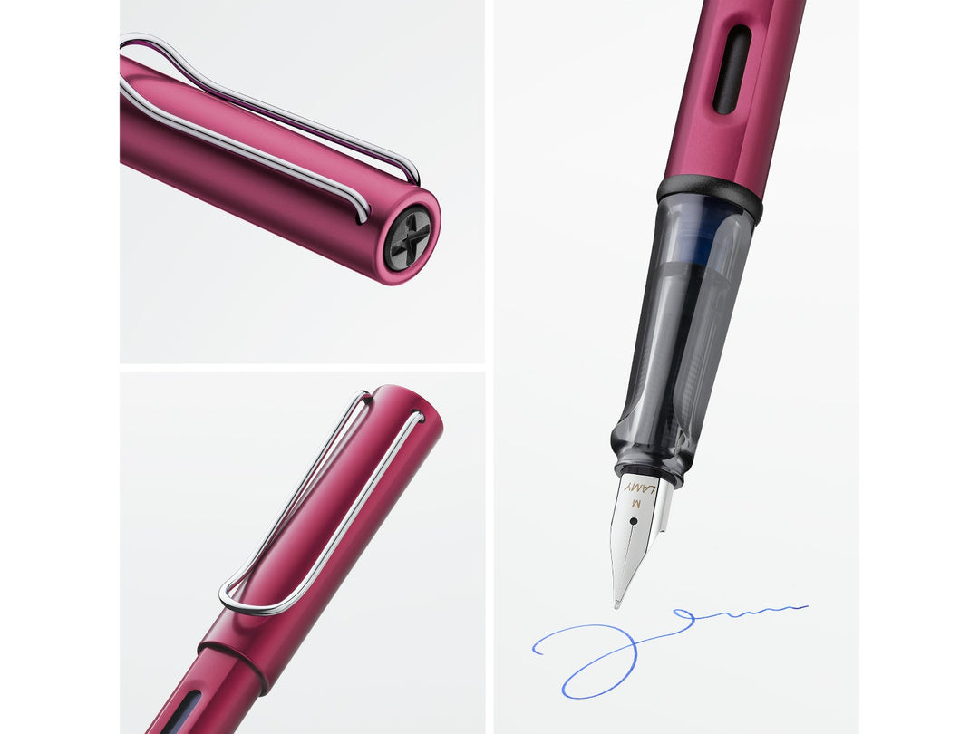 LAMY AL-star black purple fountain pen feature collage highlighting anodised aluminium construction, ergonomic grip section and stainless steel nib
