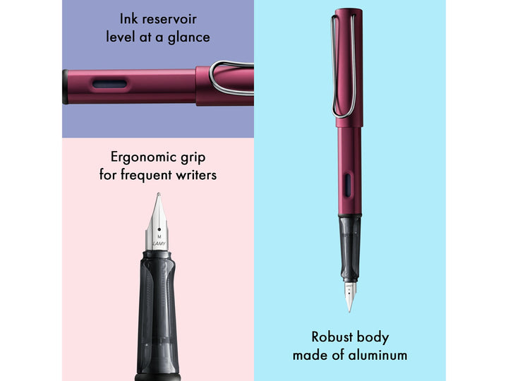LAMY AL-star black purple fountain pen feature infographic showing ergonomic grip, ink reservoir window and durable anodised aluminium body