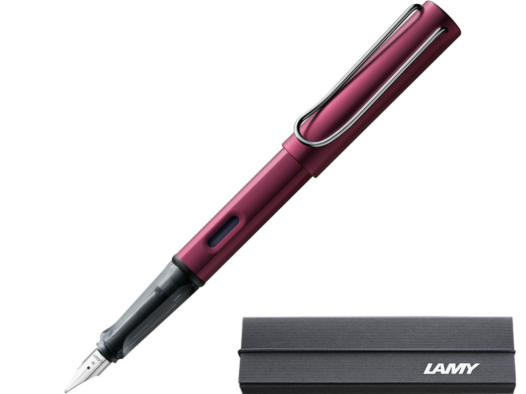 LAMY AL-star black purple fountain pen with aluminium body, transparent grip section and branded LAMY presentation gift box