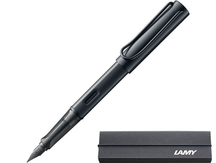 LAMY AL-star black fountain pen with aluminium body, transparent grip section and branded LAMY presentation gift box