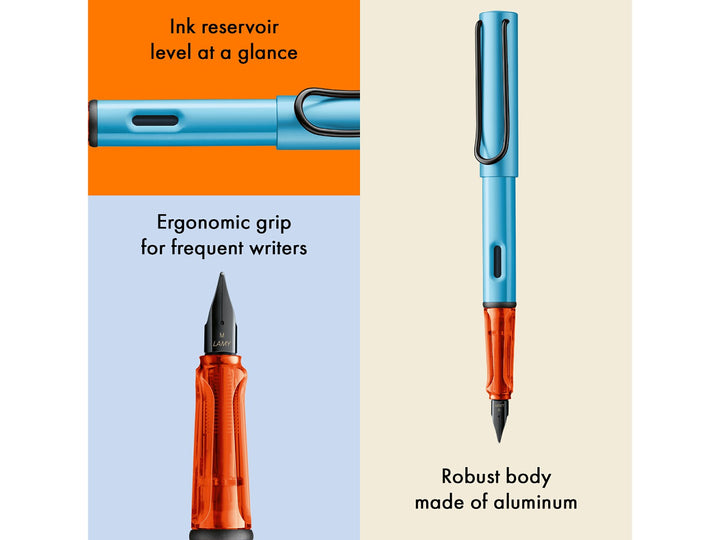 LAMY AL-star denim fountain pen feature infographic showing ergonomic grip, ink reservoir window and durable anodised aluminium body