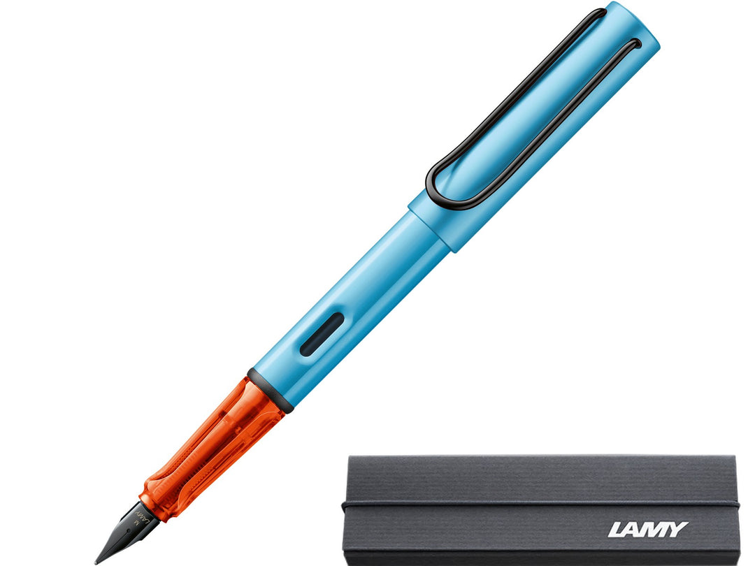 LAMY AL-star denium fountain pen with aluminium body, transparent grip section and branded LAMY presentation gift box