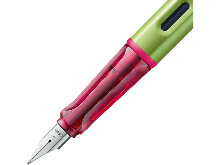 LAMY AL-star disco fountain pen close-up of stainless steel nib, transparent grip section and ink window