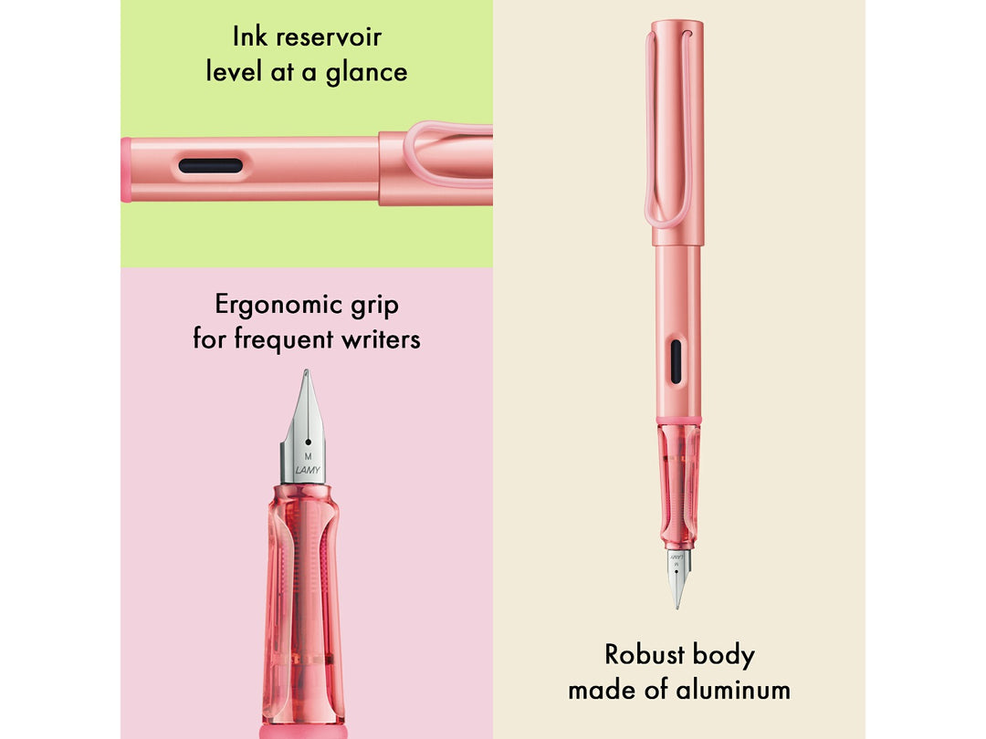 LAMY AL-star flamingo fountain pen feature infographic showing ergonomic grip, ink reservoir window and durable anodised aluminium body