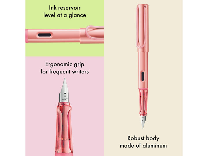 LAMY AL-star flamingo fountain pen feature infographic showing ergonomic grip, ink reservoir window and durable anodised aluminium body