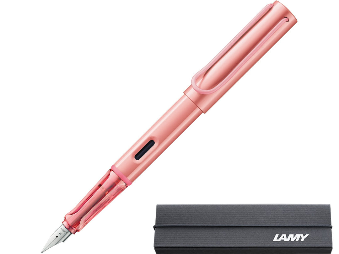 LAMY AL-star flamingo fountain pen with aluminium body, transparent grip section and branded LAMY presentation gift box