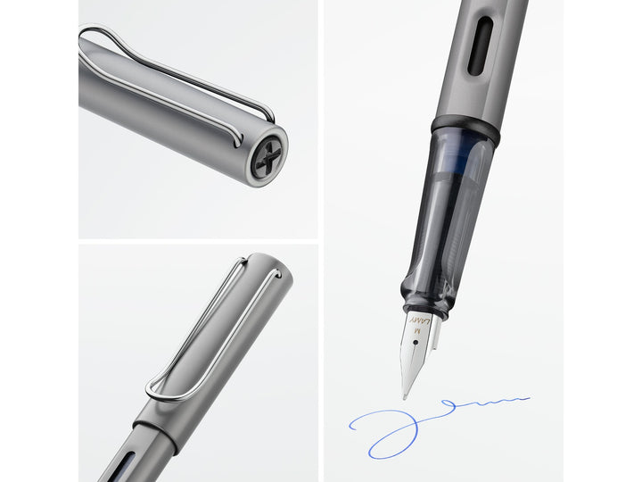 LAMY AL-star graphite fountain pen feature collage highlighting anodised aluminium construction, ergonomic grip section and stainless steel nib