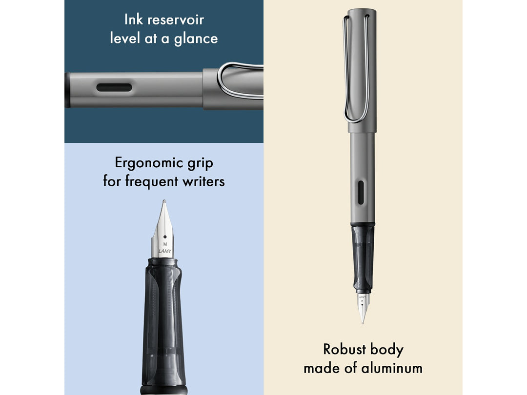 LAMY AL-star graphite fountain pen feature infographic showing ergonomic grip, ink reservoir window and durable anodised aluminium body