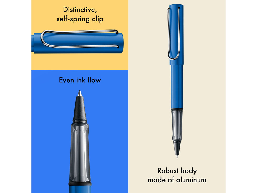 LAMY AL-star ocean blue fountain pen feature infographic showing ergonomic grip, ink reservoir window and durable anodised aluminium body