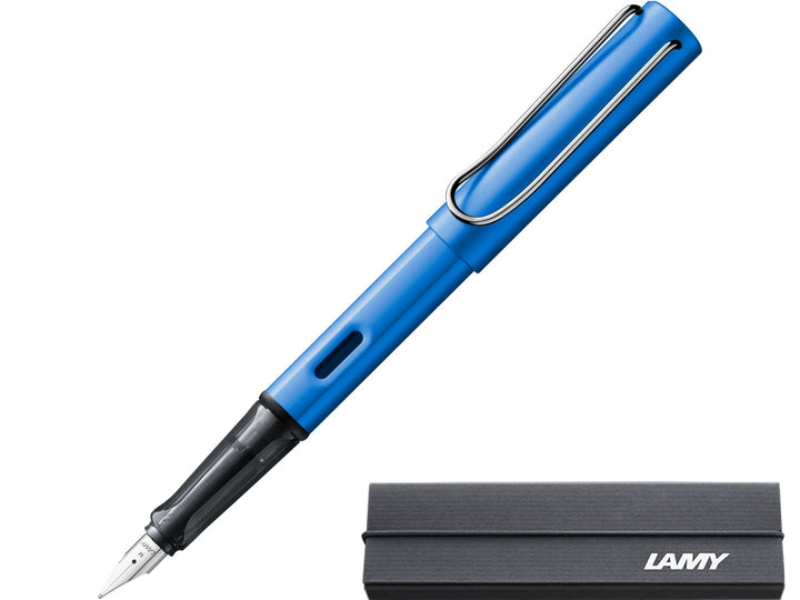 LAMY AL-star ocean blue fountain pen with aluminium body, transparent grip section and branded LAMY presentation gift box