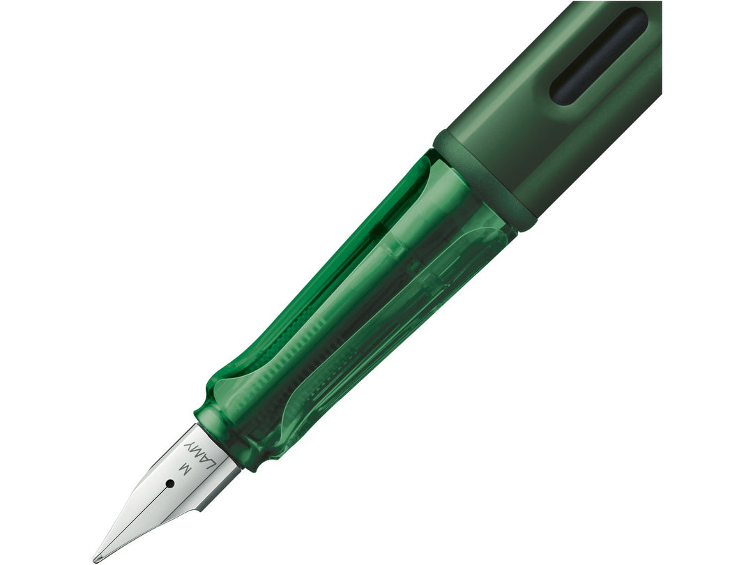 LAMY AL-star pine fountain pen close-up of stainless steel nib, transparent grip section and ink window