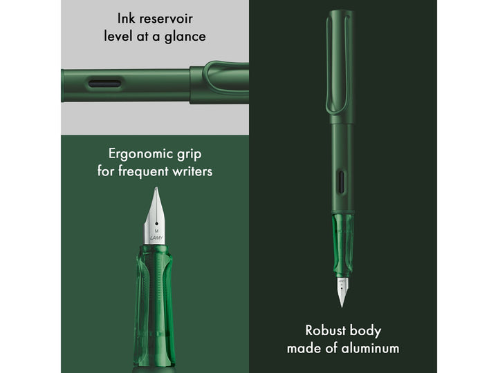 LAMY AL-star pine fountain pen feature infographic showing ergonomic grip, ink reservoir window and durable anodised aluminium body